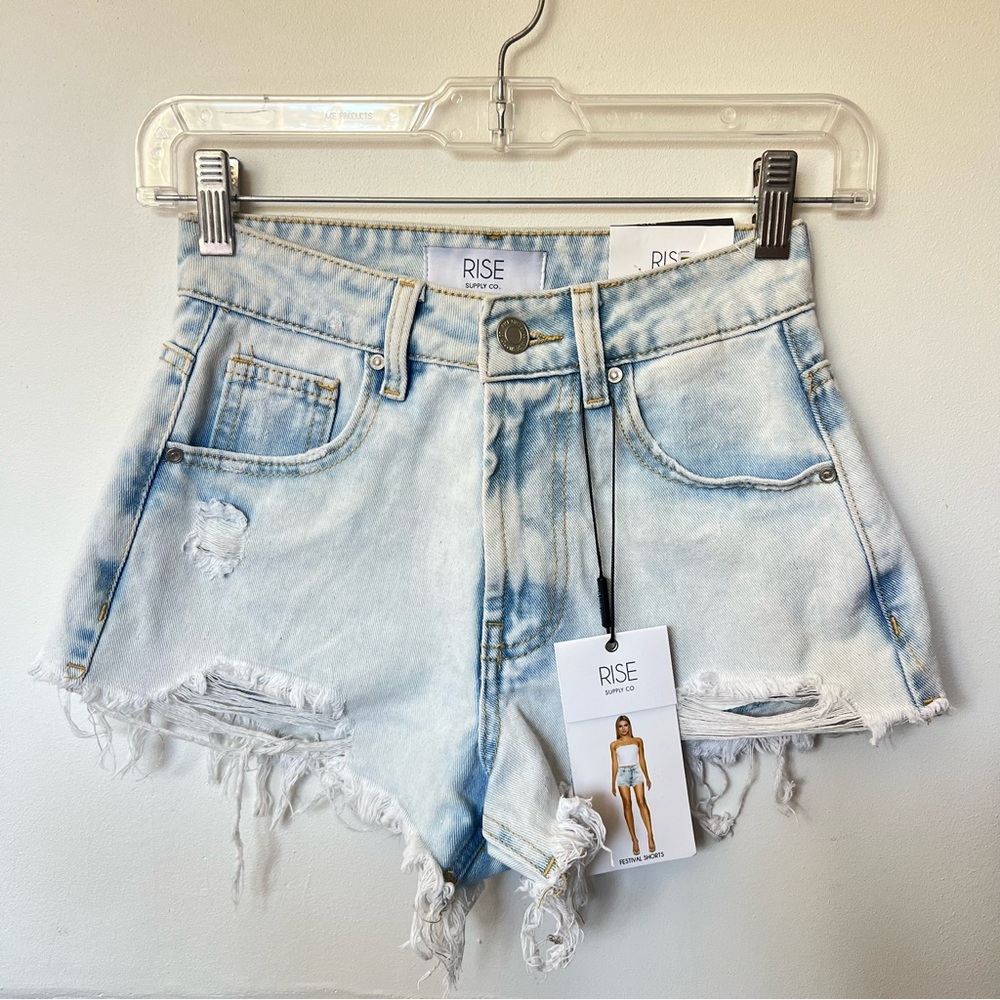 Women's Light Blue Distressed Denim Shorts - Picture 1 of 7